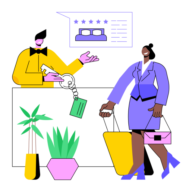A cartoon image of a woman and man at a desk in a hotel. The man, working as a receptionist, assists the woman in booking a room
