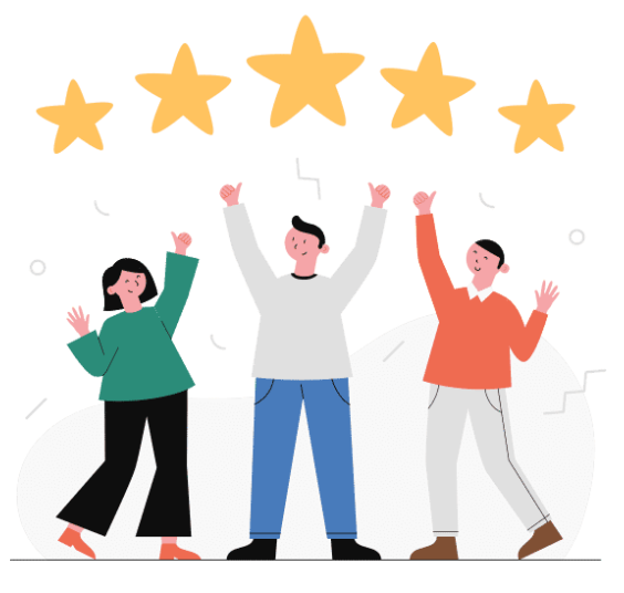 Three people showing their hands with five stars in the background, symbolizing customer satisfaction
