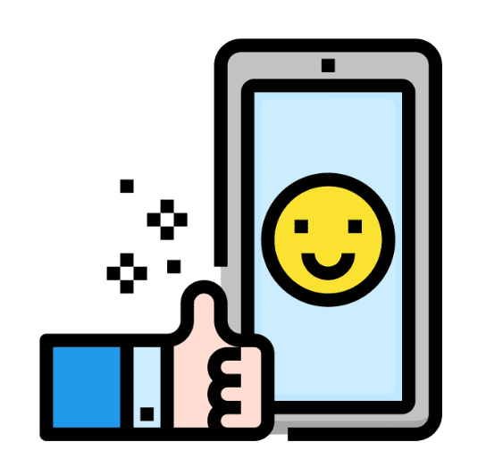 A phone displaying a happy smiley face and thumbs up, emphasizing mobile-friendliness and accessibility