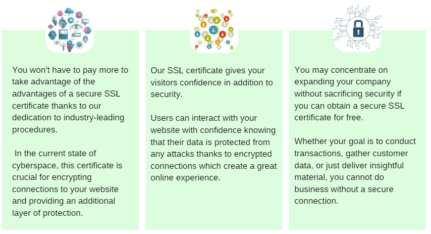 A visual representation of the main features of successful SSL certificate on Salerise website in three green boxes with icons of cyberspace, users, and a lock icon