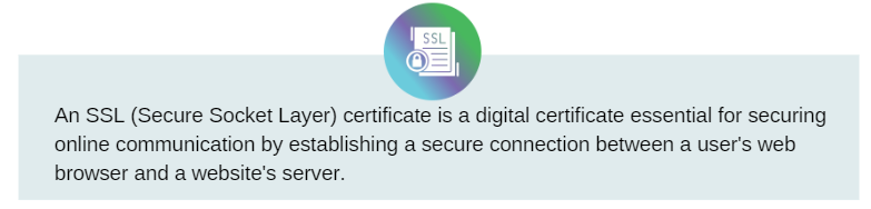 A blue box with an SSL certificate icon and a lock symbolizes the digital certificate that secures connections between computers and web servers
