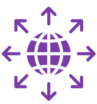 An image of a purple globe with arrows around it, representing Global Reach and Market Expansion