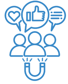 A blue icon with people and a magnet, representing user engagement